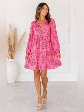 Bright Pink Floral Long Sleeve Tiered Dress